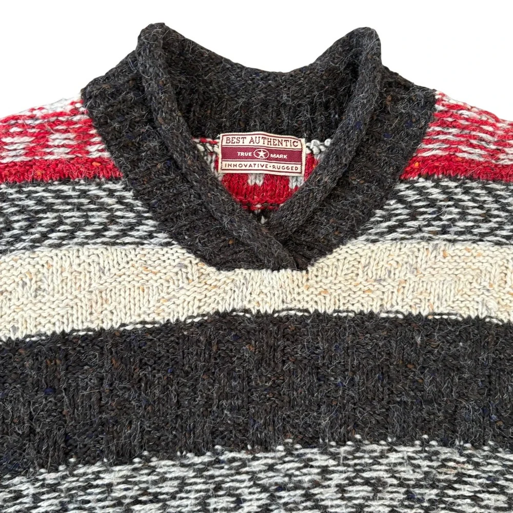 Vintage Best Authentic Men's Wool Blend Ski‎ Sweater Sz L Stripe Black White Red